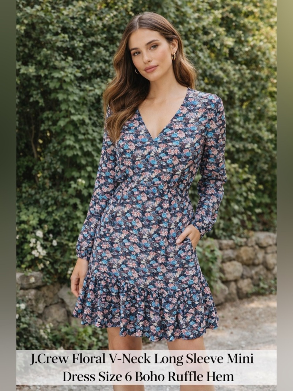 J. Crew Navy Blue Floral V-Neck Long Sleeve Mini Dress